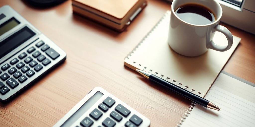 Organized desk with financial tools and a cup of coffee.