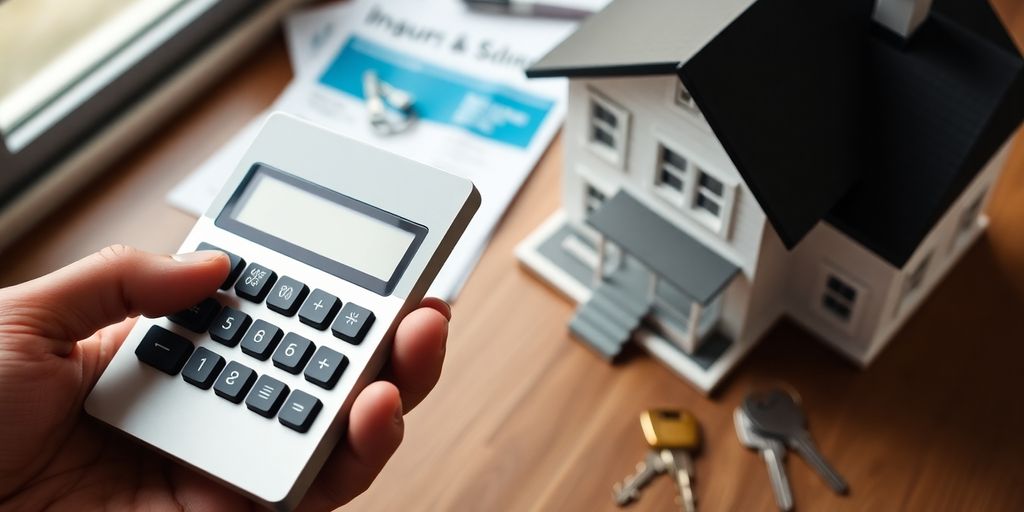 Hand with calculator, house model, and insurance documents.