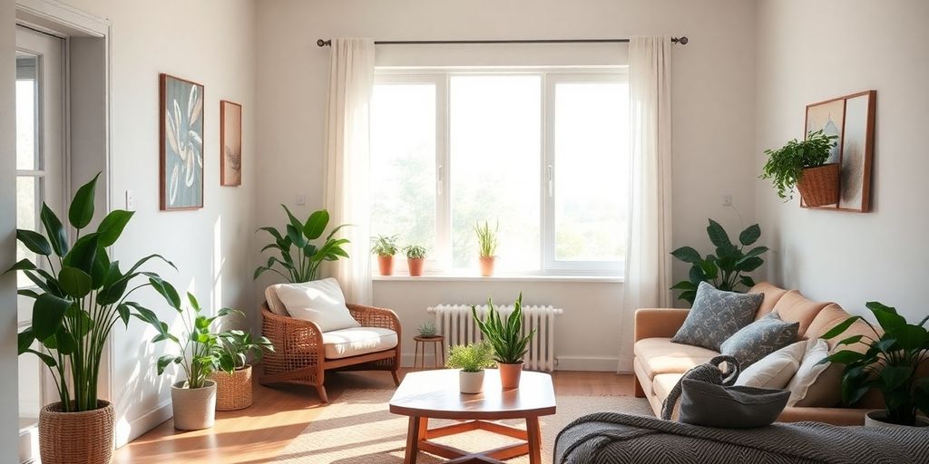 Cozy home interior with natural light and plants.