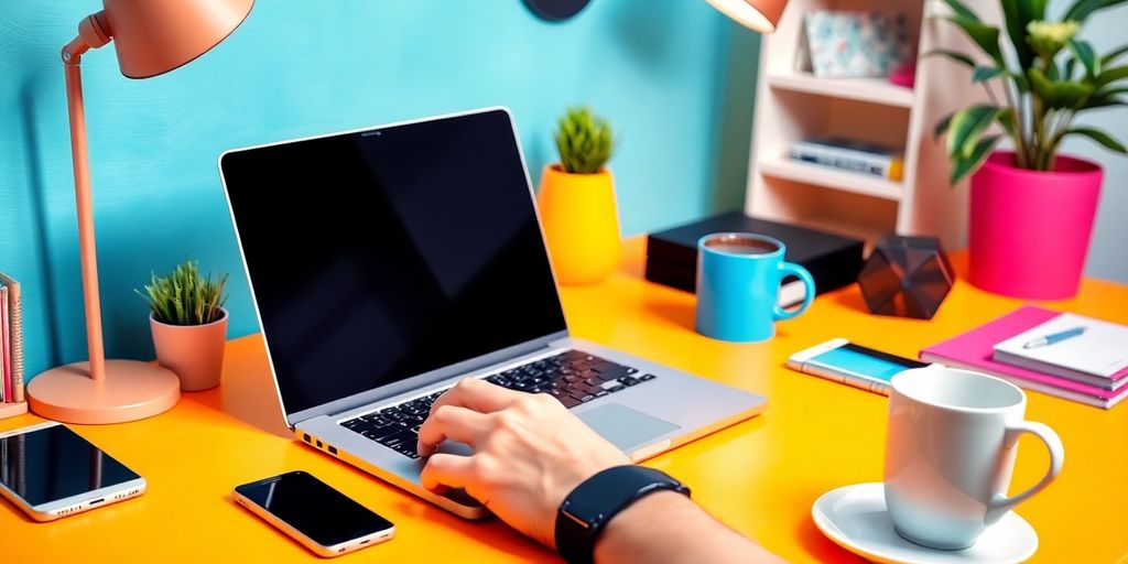 A workspace with a laptop and coffee cup.