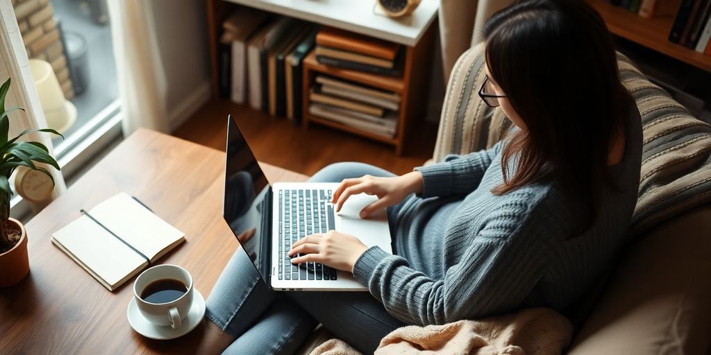 Person working on a laptop in a cozy setting.